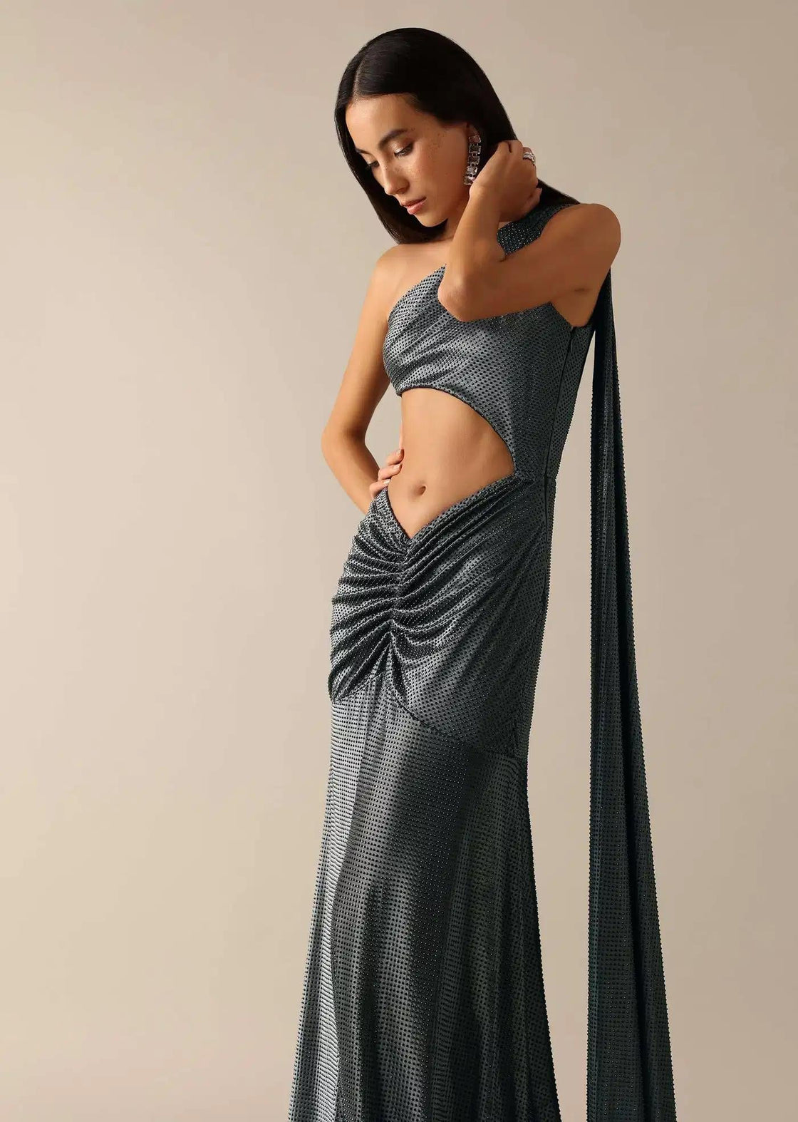 Fishcut Gown In Black With One Shoulder Drape Design