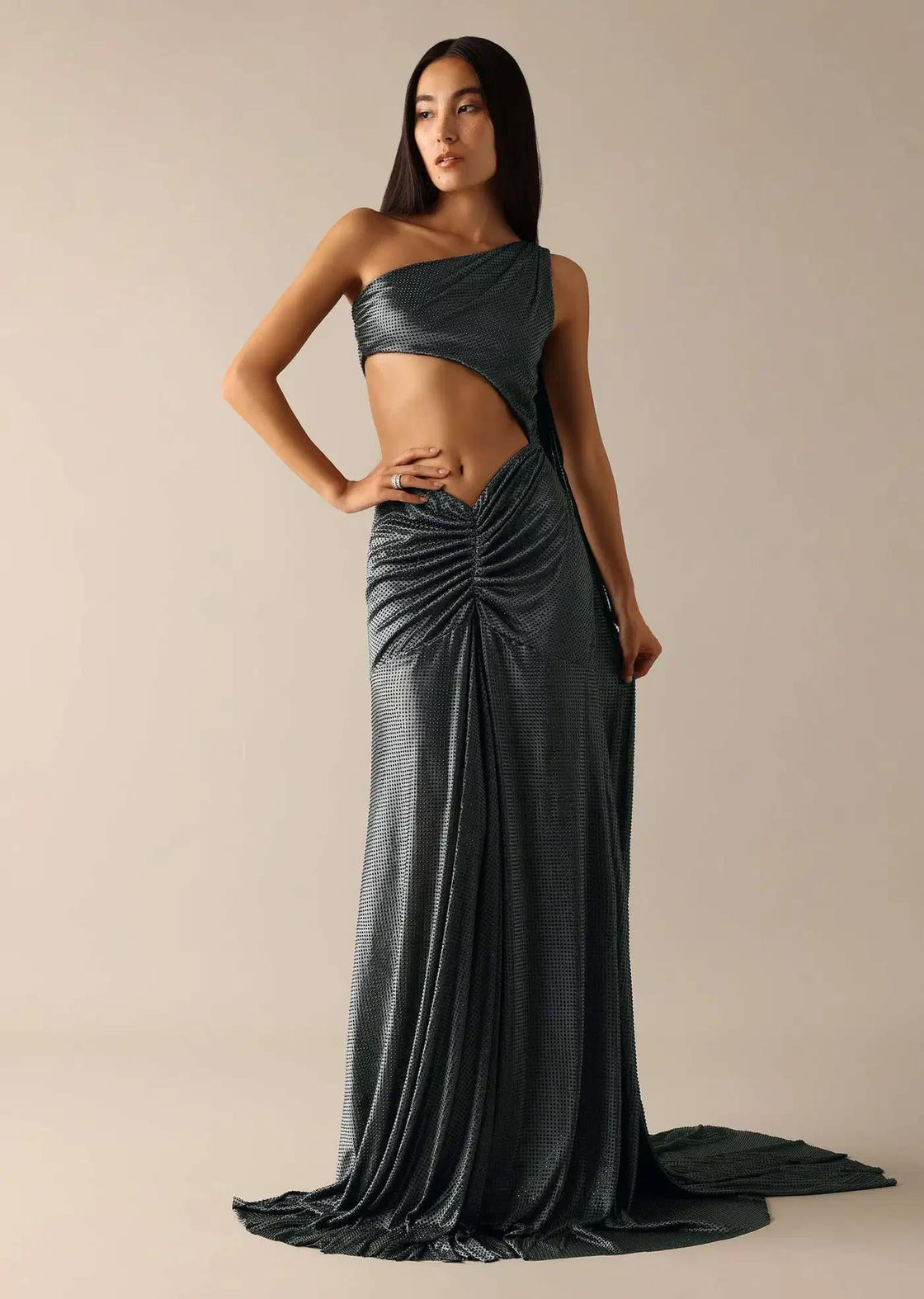 Fishcut Gown In Black With One Shoulder Drape Design