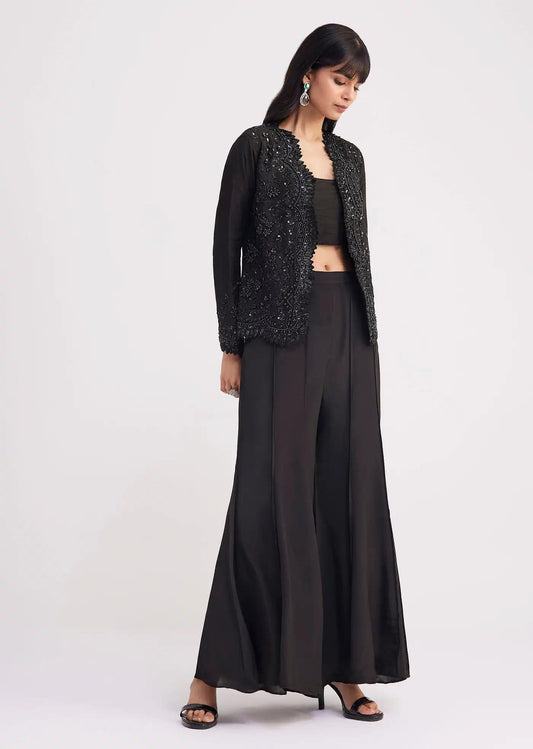 Flared Satin Palazzo With Minimal Black Croptop