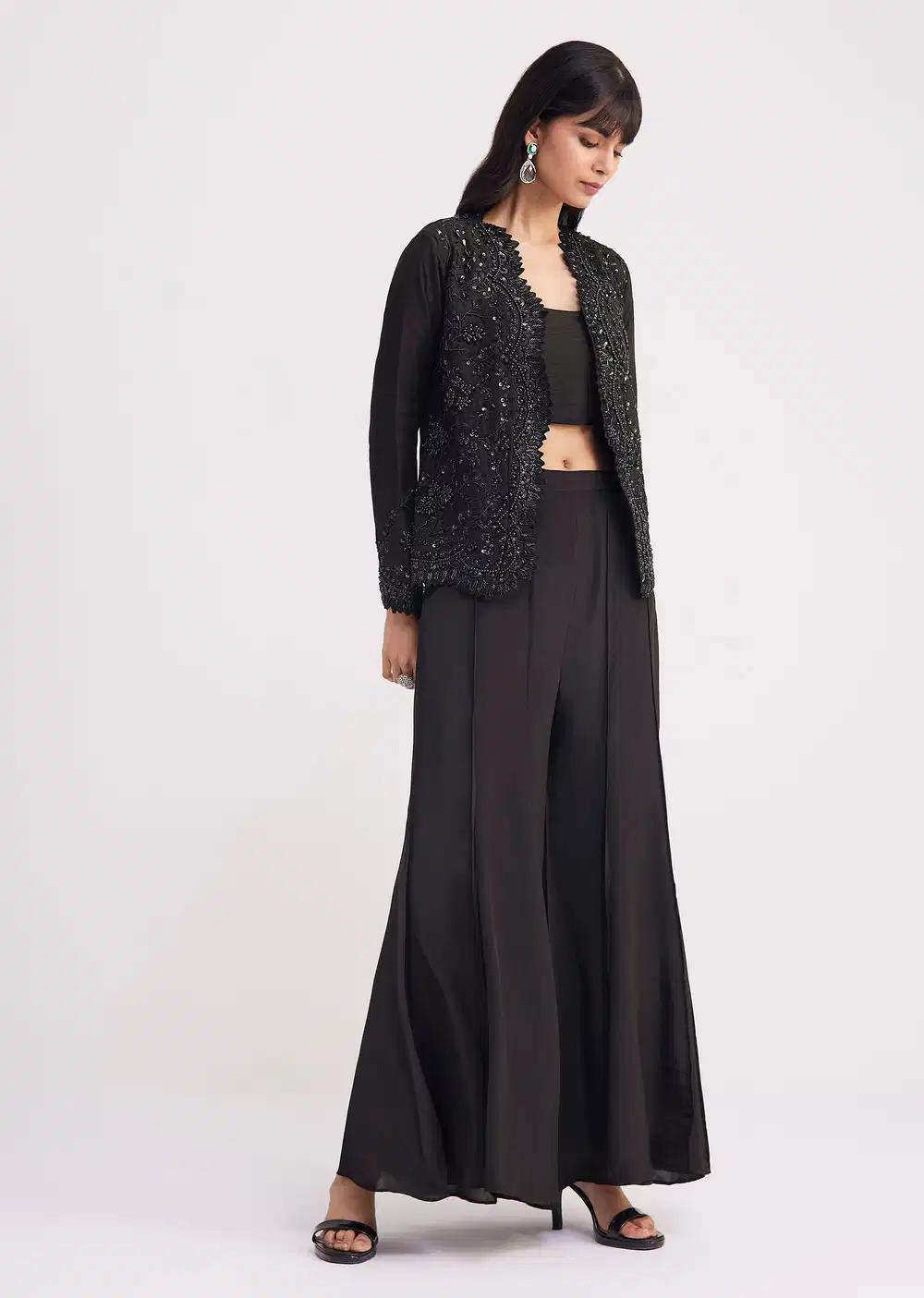 Flared Satin Palazzo With Minimal Black Croptop