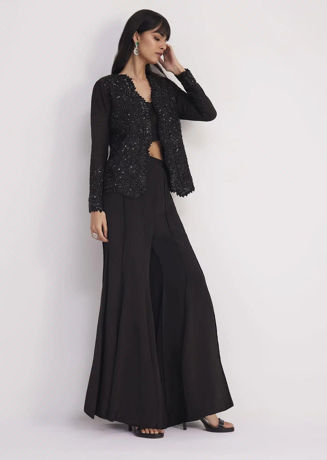 Flared Satin Palazzo With Minimal Black Croptop