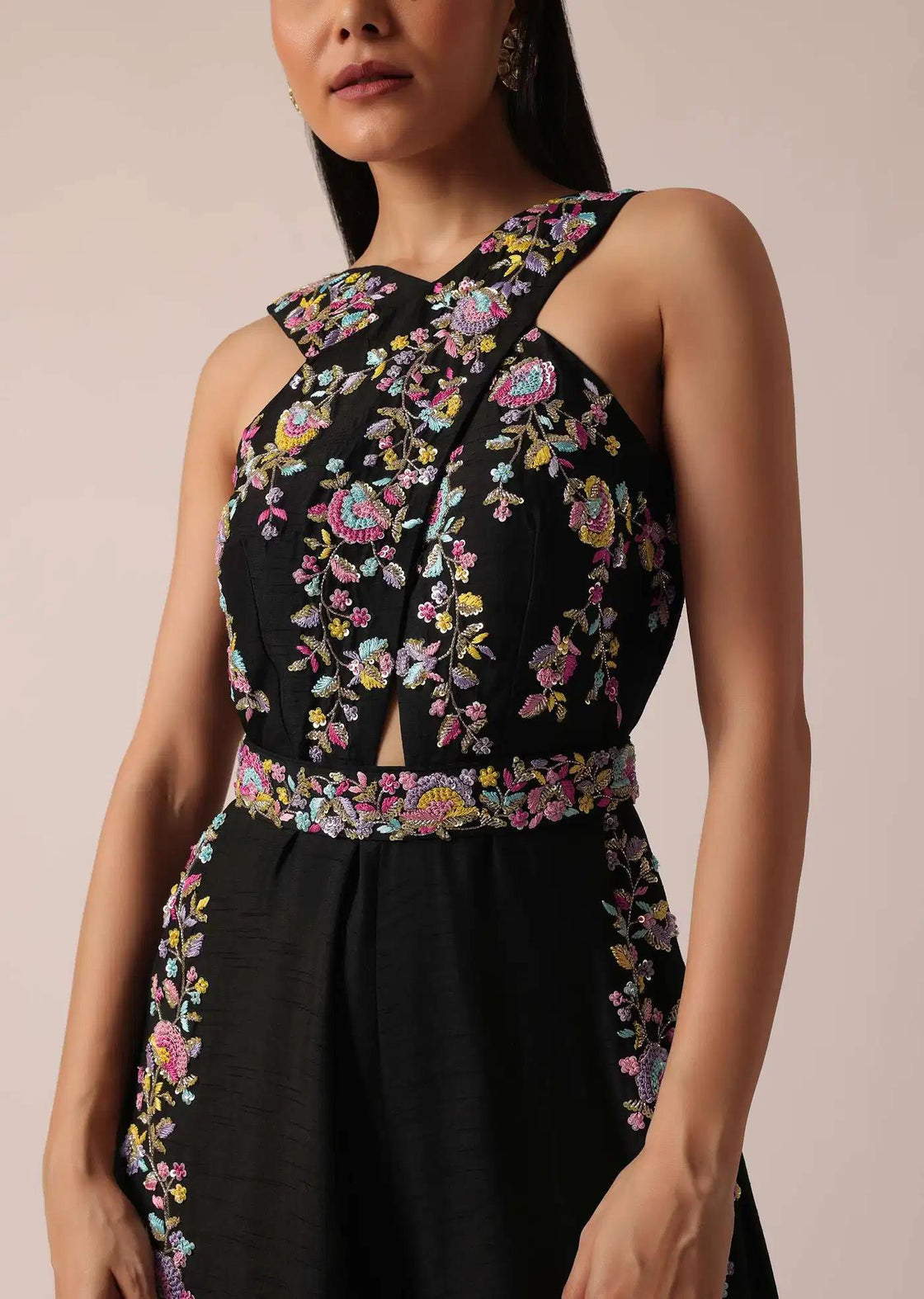 Floral Embroidered Black Jumpsuit With Contemporary Fit