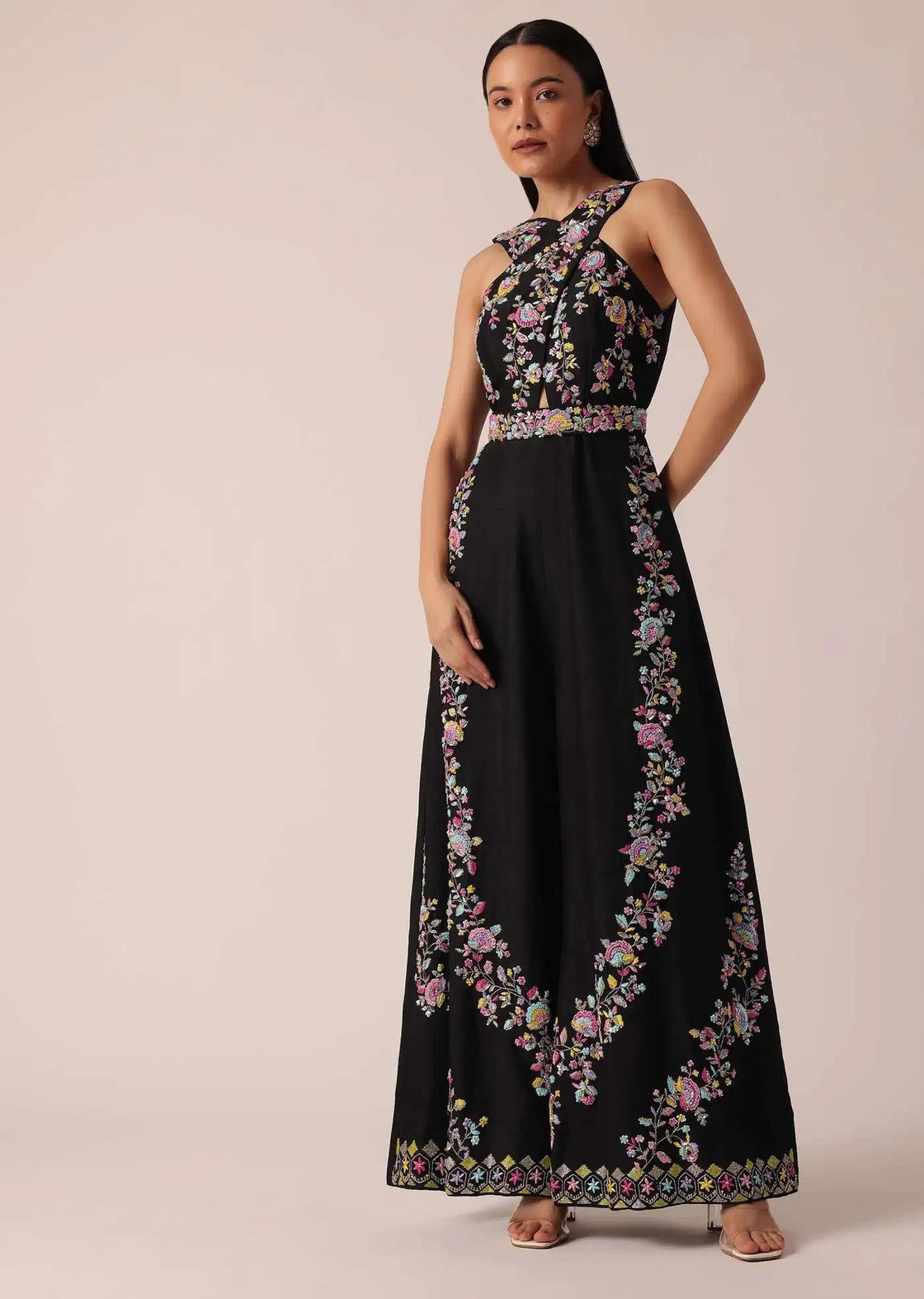 Floral Embroidered Black Jumpsuit With Contemporary Fit