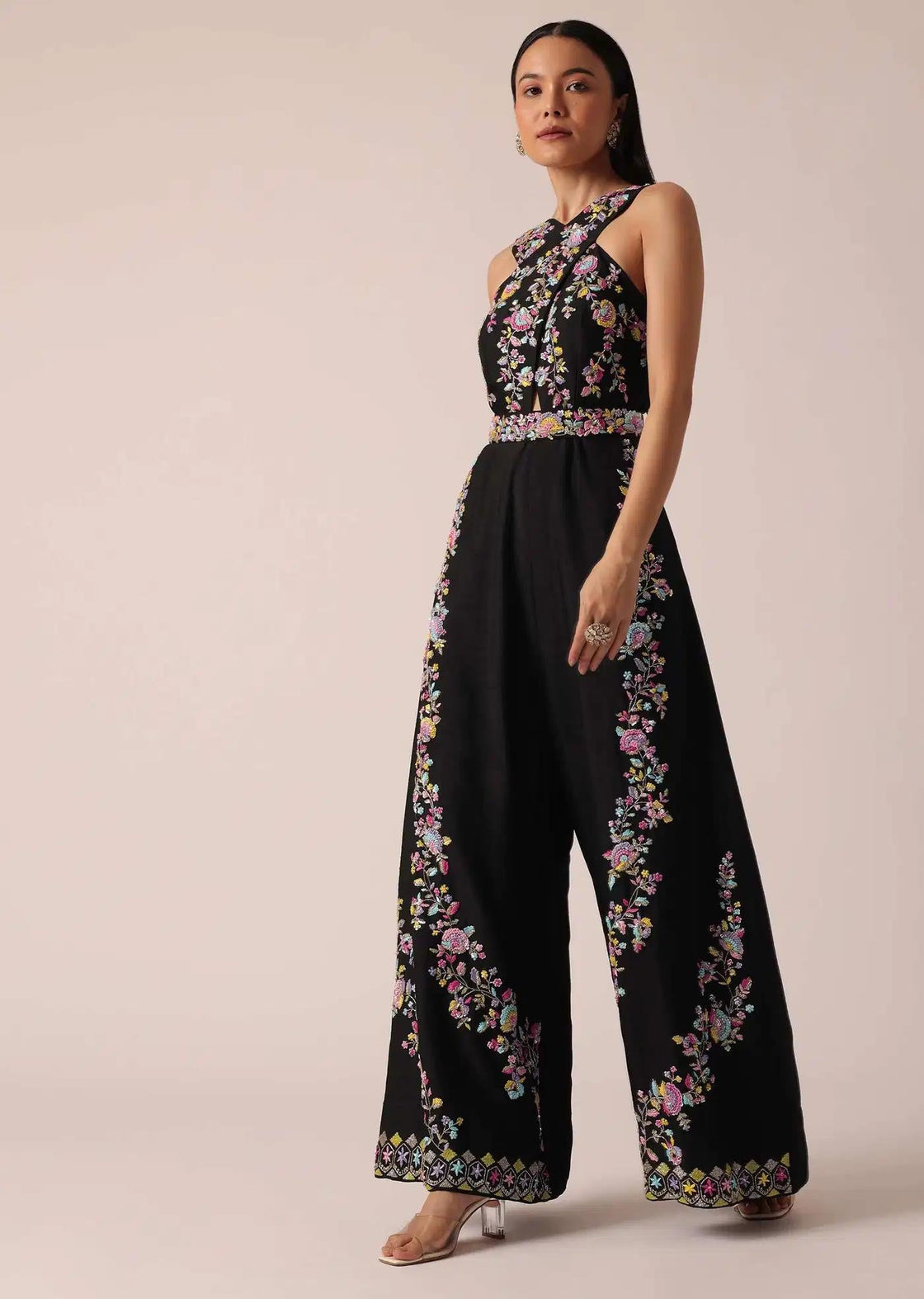 Floral Embroidered Black Jumpsuit With Contemporary Fit