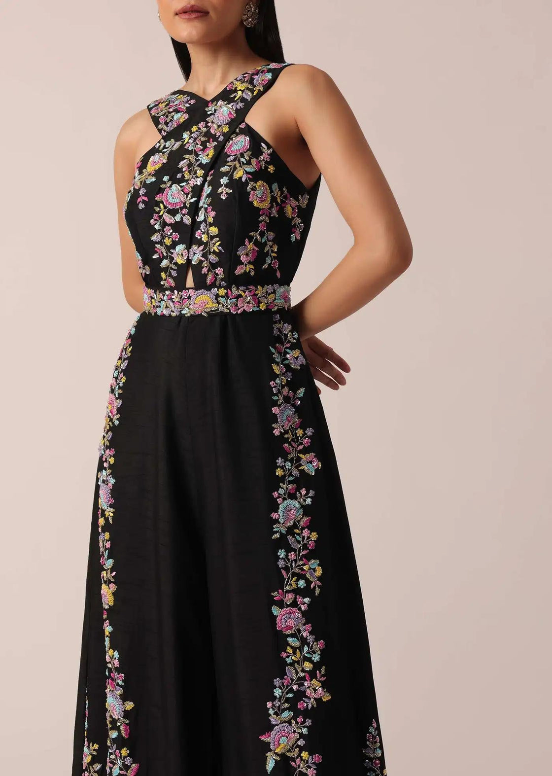 Floral Embroidered Black Jumpsuit With Contemporary Fit