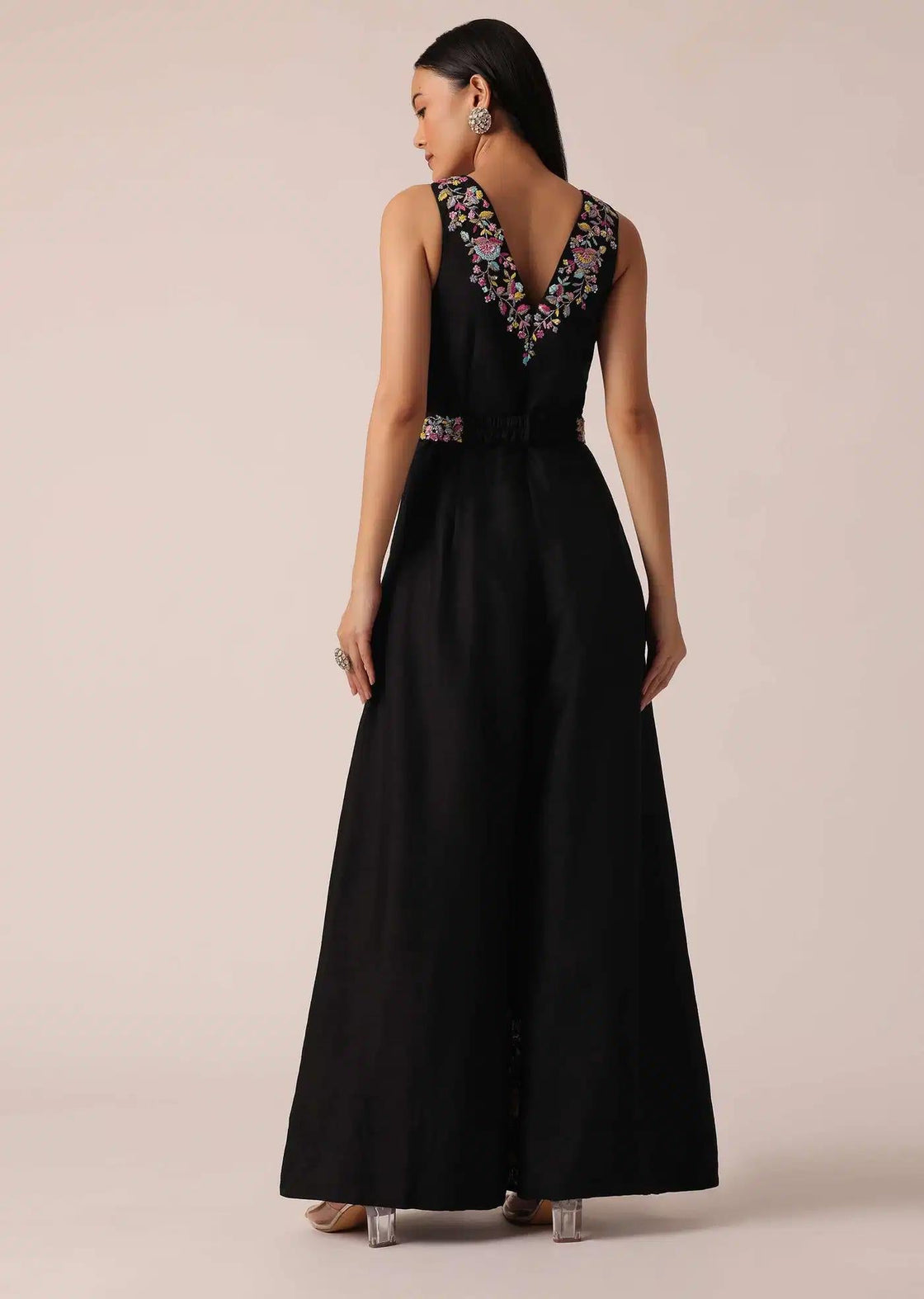 Floral Embroidered Black Jumpsuit With Contemporary Fit