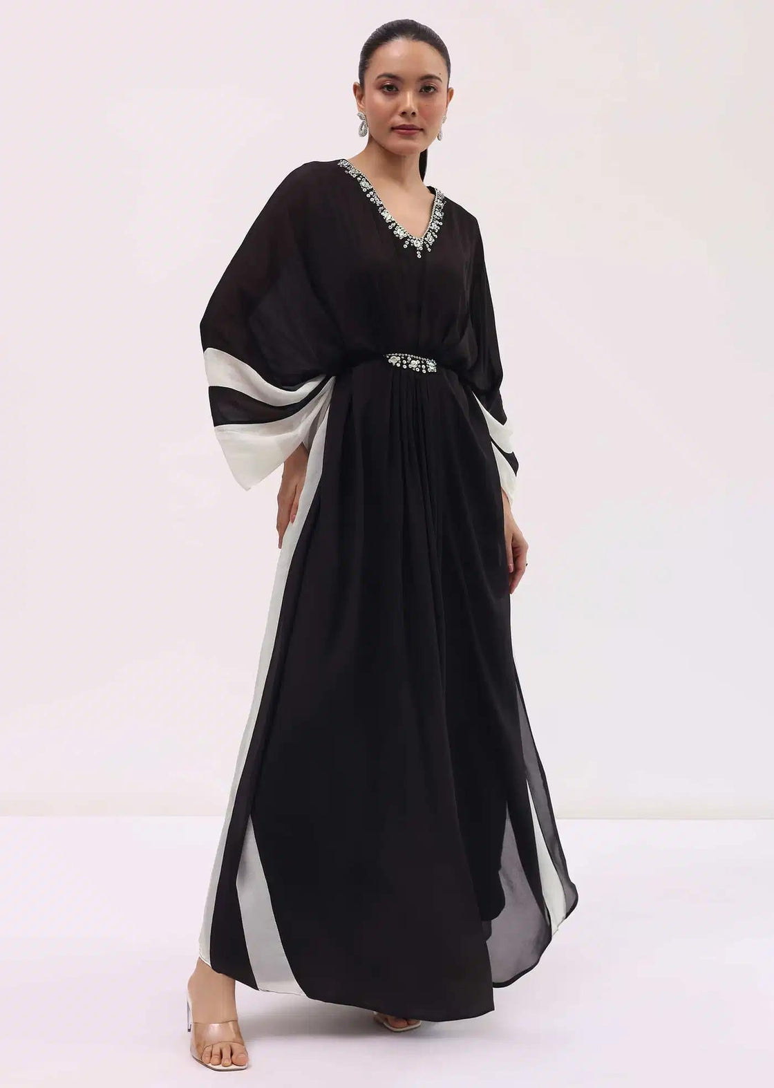 Georgette Kaftan Gown In Black With Detailed Embroidery