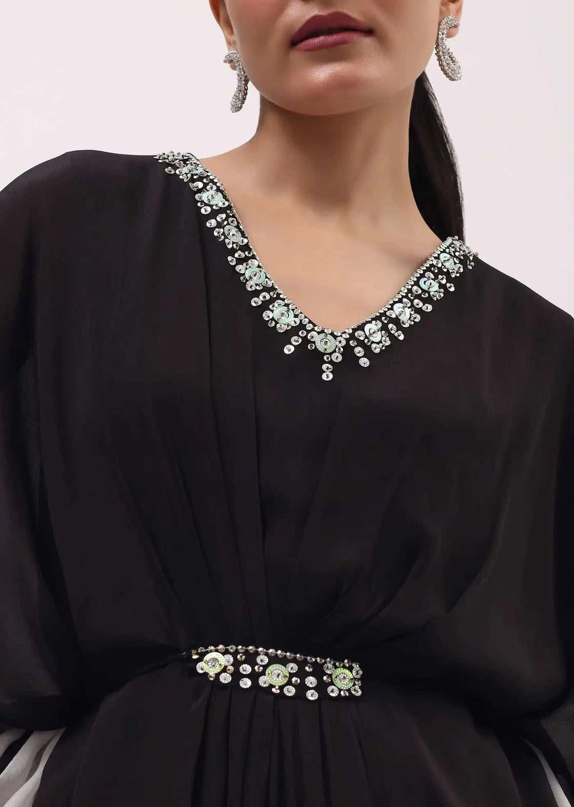 Georgette Kaftan Gown In Black With Detailed Embroidery