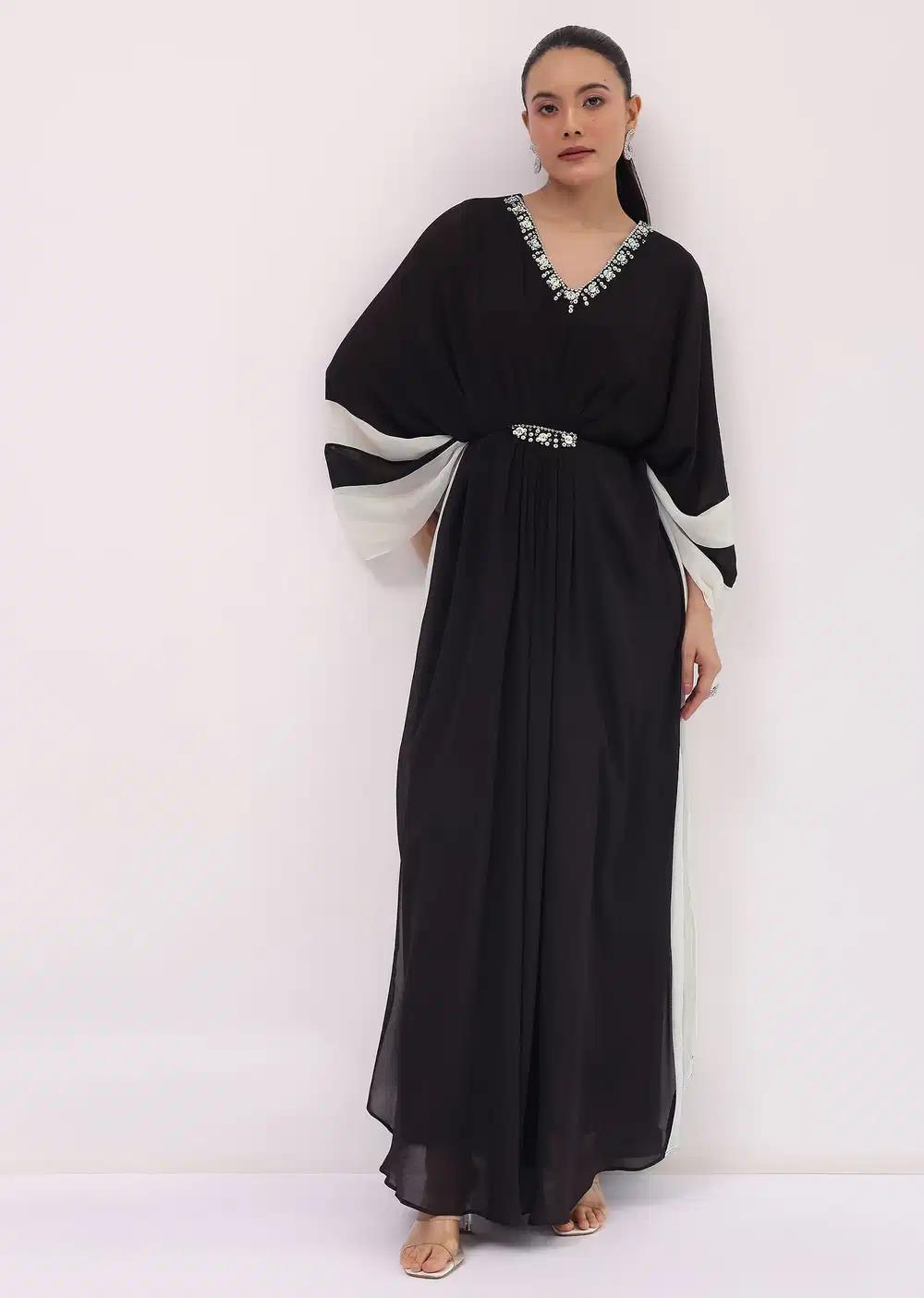 Georgette Kaftan Gown In Black With Detailed Embroidery