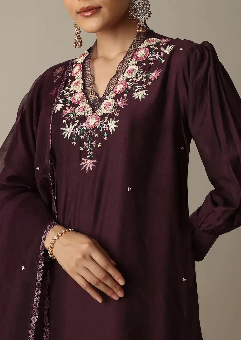 Gorgeous Brown Silk Kurti Ensemble With Beaded Detailing