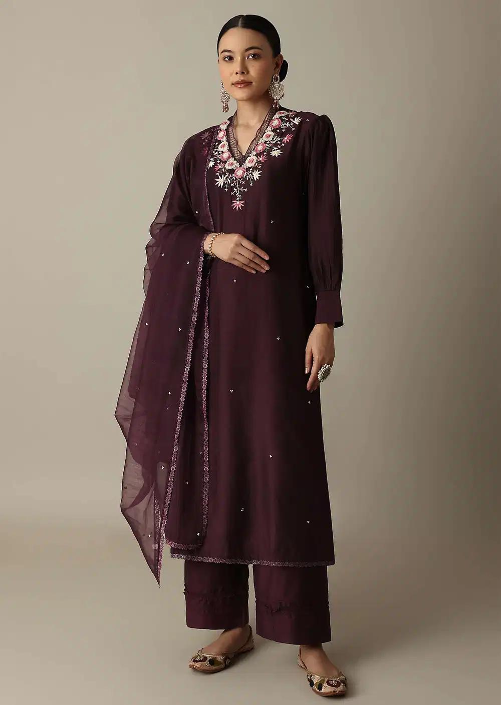 Gorgeous Brown Silk Kurti Ensemble With Beaded Detailing
