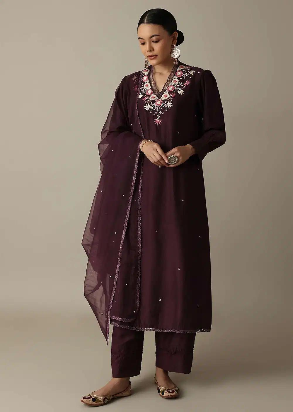 Gorgeous Brown Silk Kurti Ensemble With Beaded Detailing