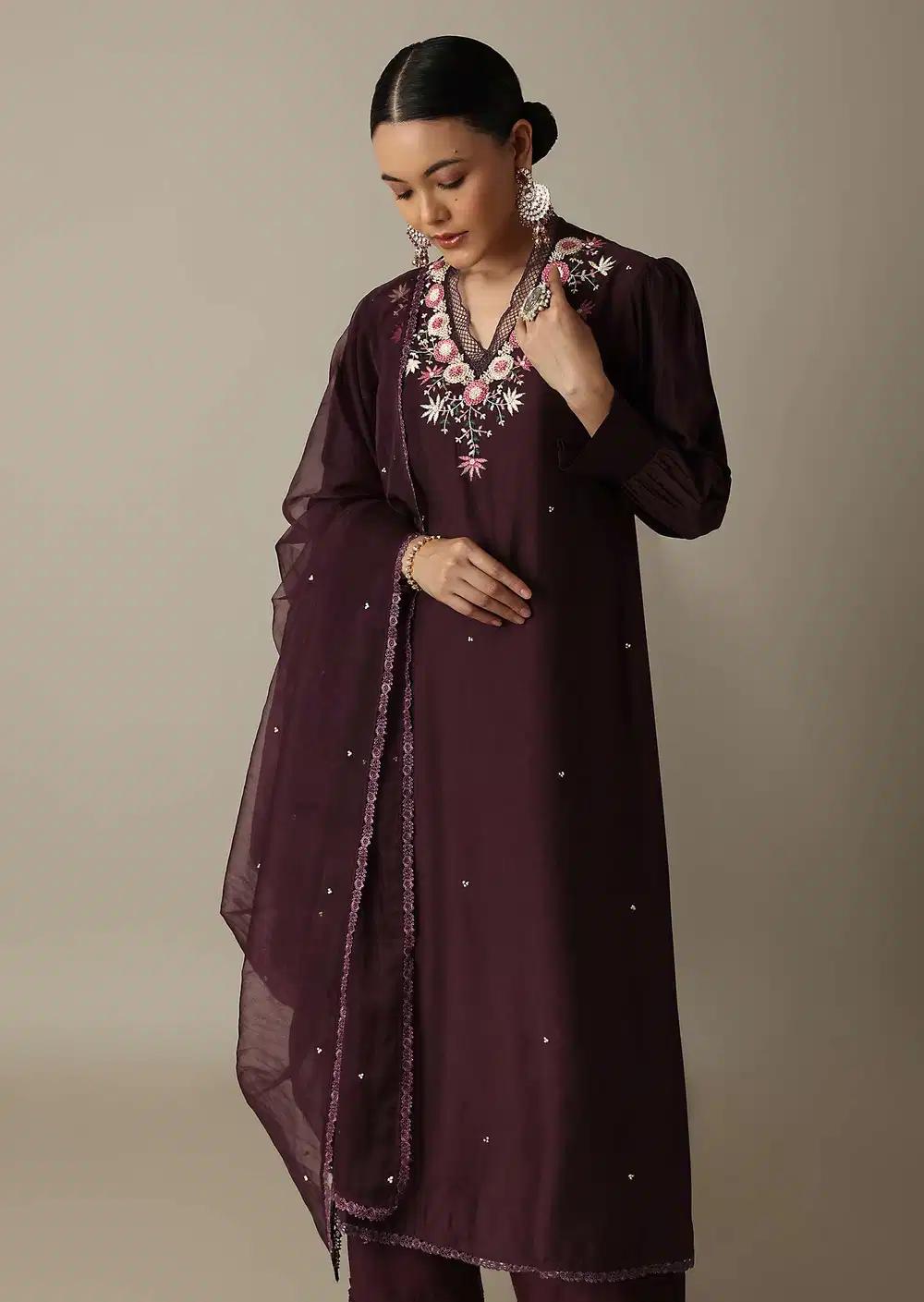 Gorgeous Brown Silk Kurti Ensemble With Beaded Detailing