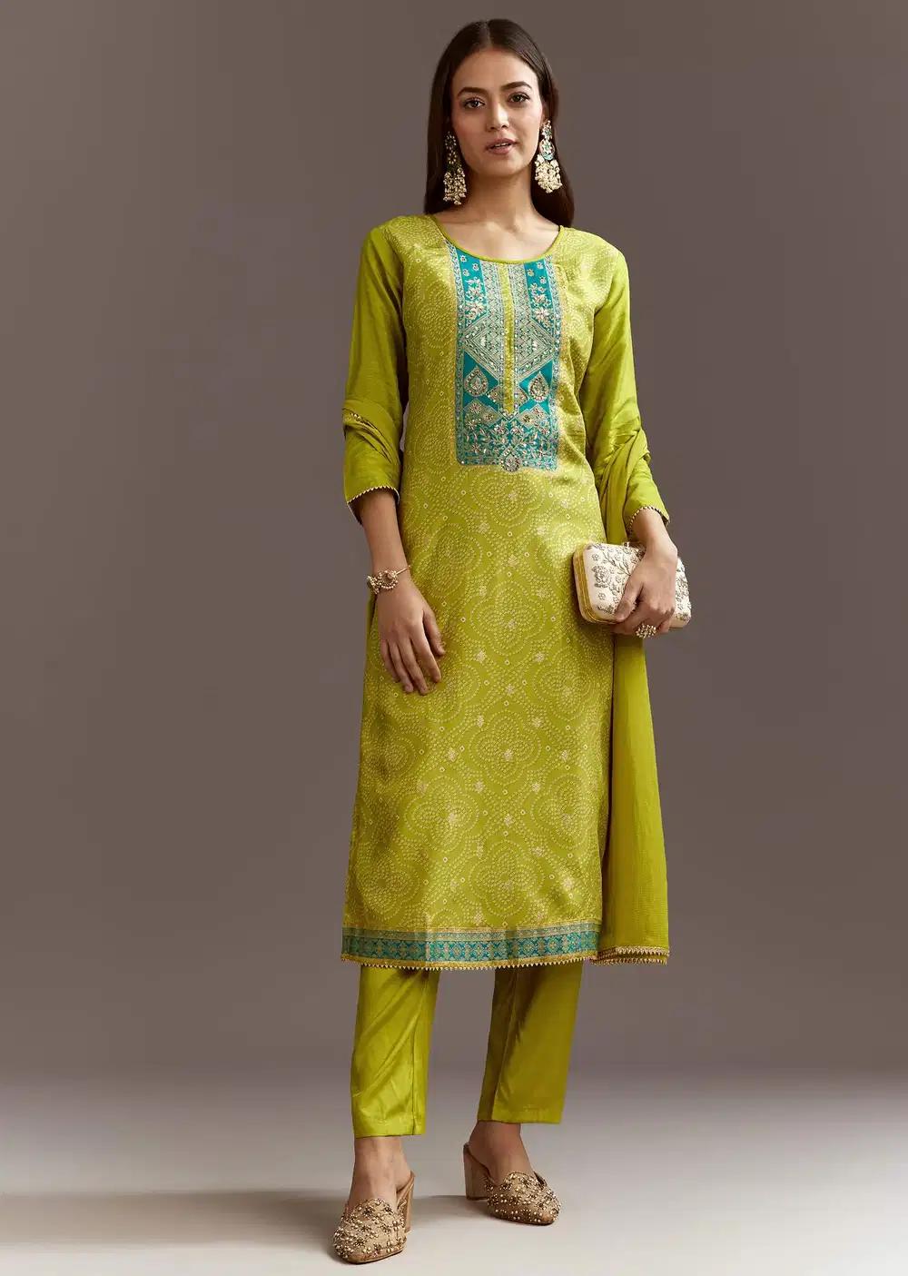 Green Bandhani Dola Silk Kurta Ensemble With Gotta Lace Dupatta Outfit