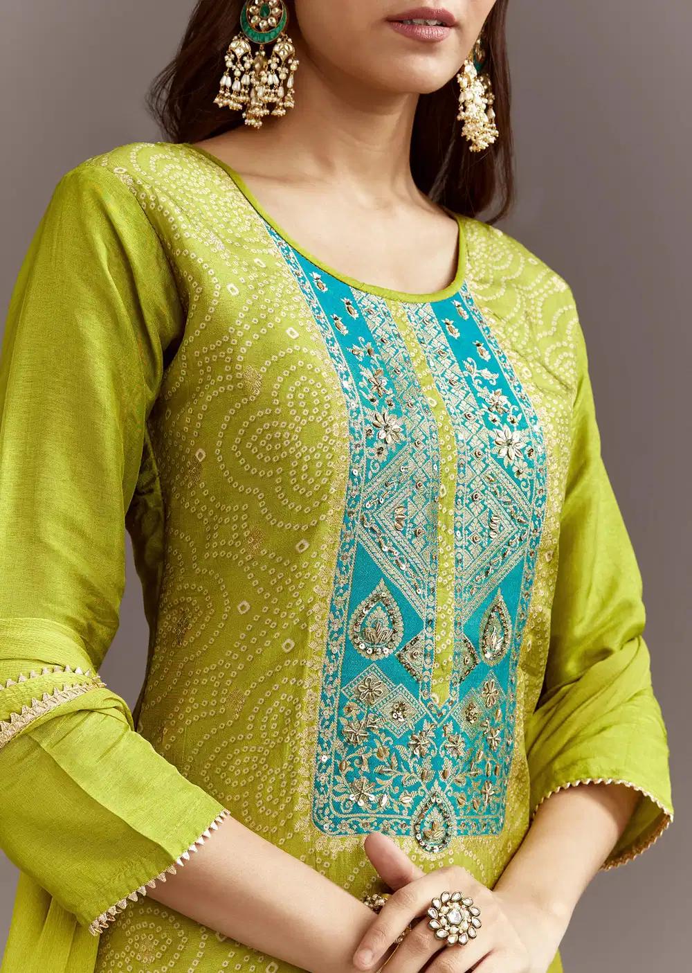 Green Bandhani Dola Silk Kurta Ensemble With Gotta Lace Dupatta Outfit