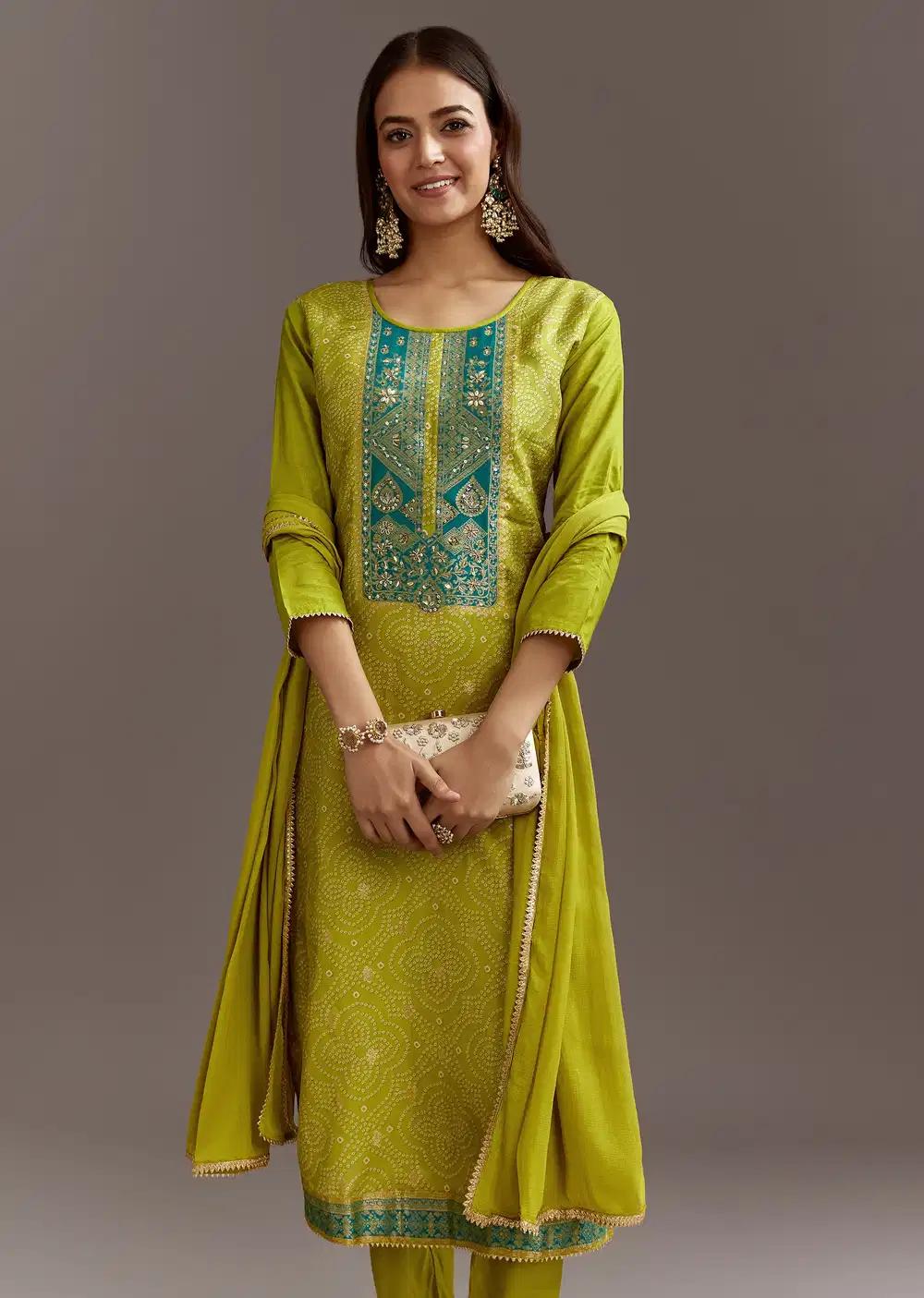 Green Bandhani Dola Silk Kurta Ensemble With Gotta Lace Dupatta Outfit