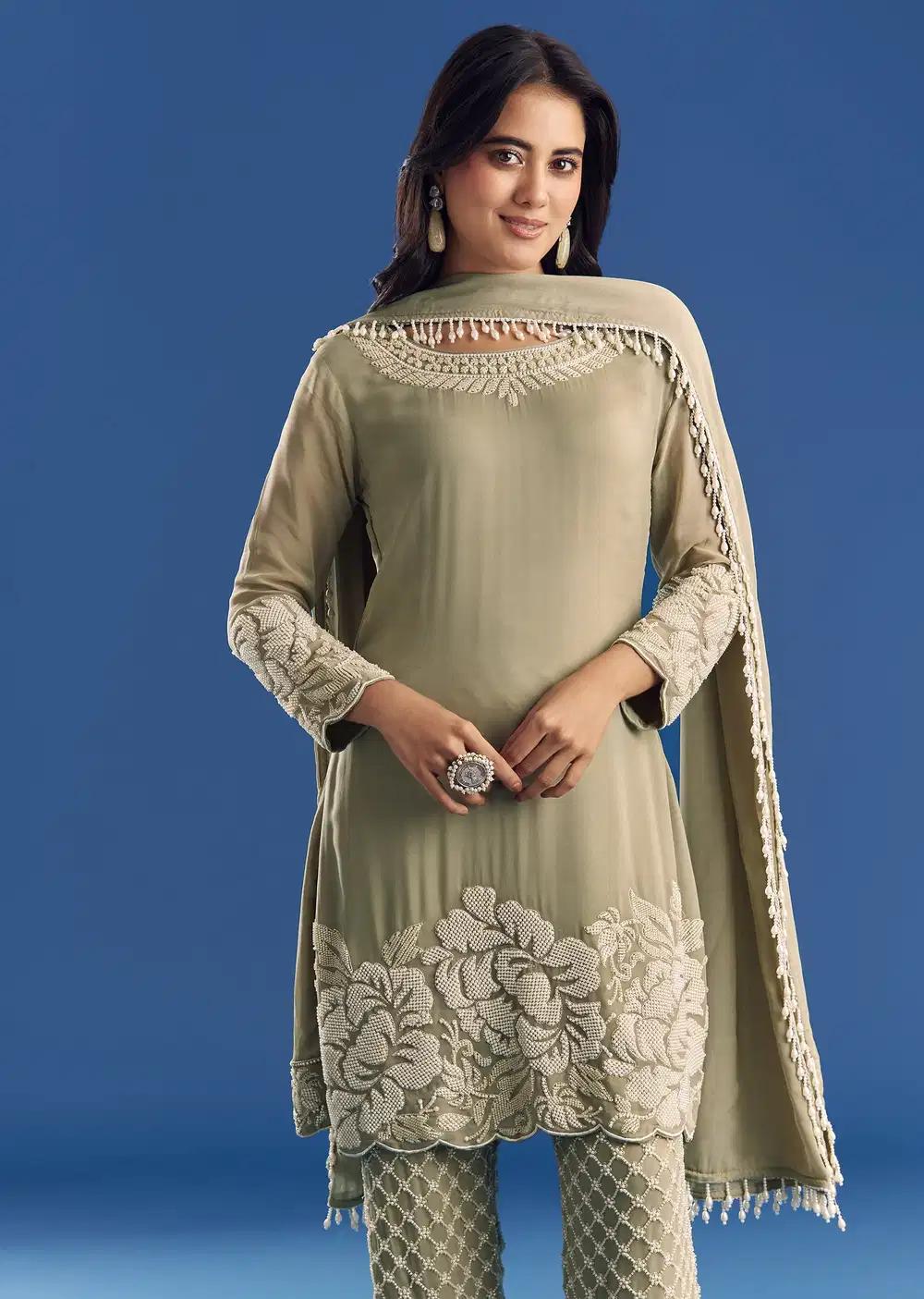 Green Beaded Kurta Pant Ensemble With Dupatta In Georgette Outfit