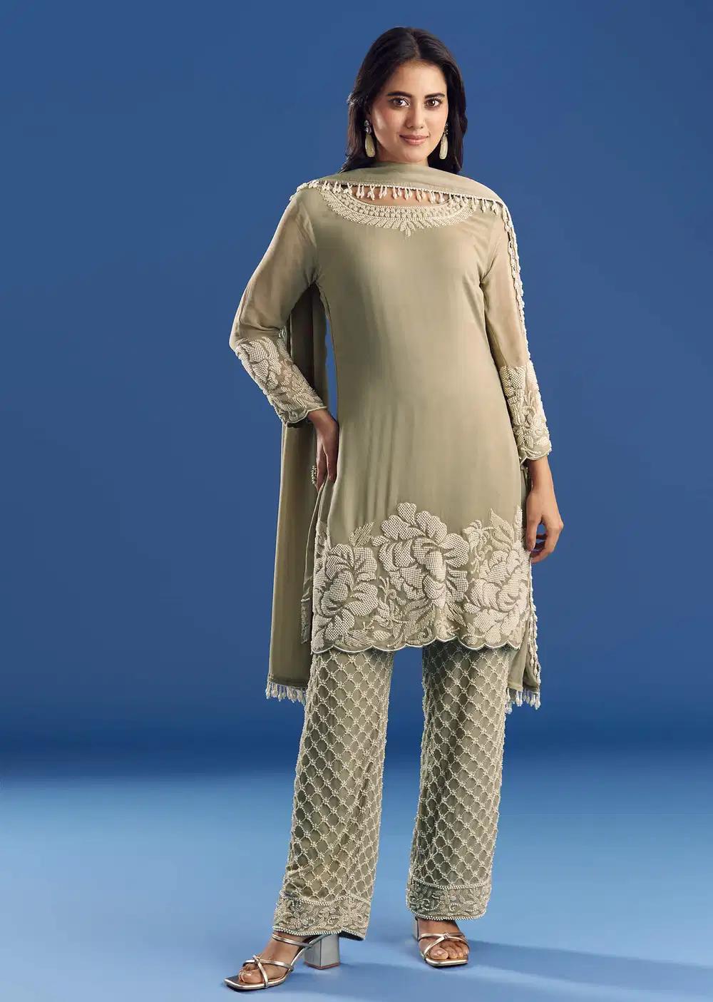 Green Beaded Kurta Pant Ensemble With Dupatta In Georgette Outfit
