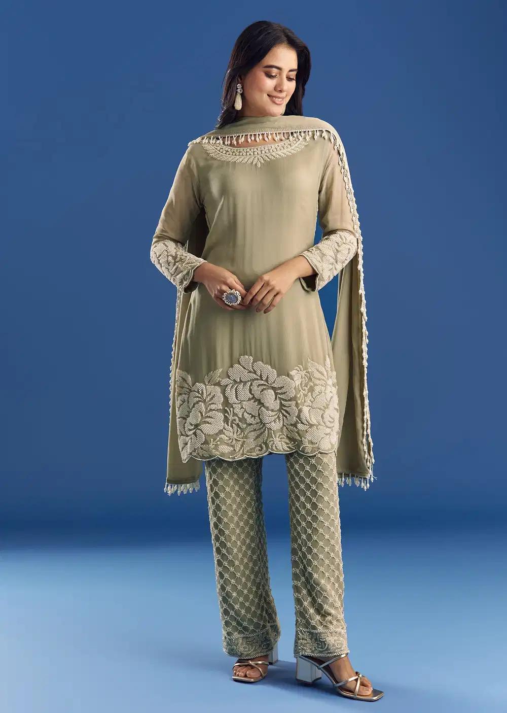 Green Beaded Kurta Pant Ensemble With Dupatta In Georgette Outfit