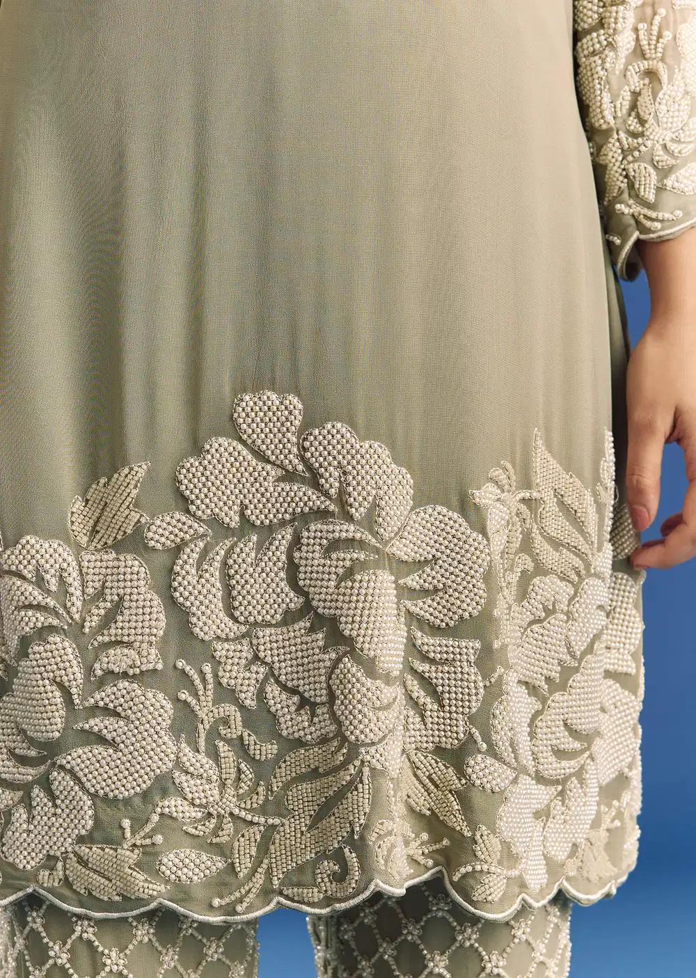 Green Beaded Kurta Pant Ensemble With Dupatta In Georgette Outfit