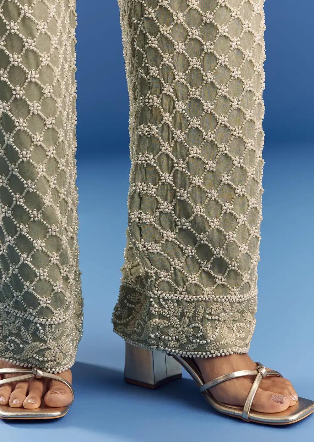 Green Beaded Kurta Pant Ensemble With Dupatta In Georgette Outfit