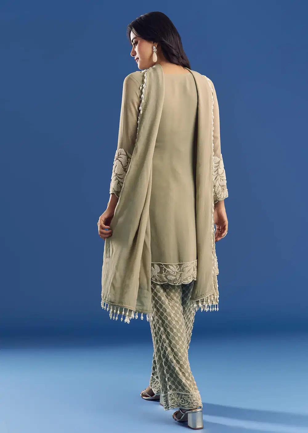 Green Beaded Kurta Pant Ensemble With Dupatta In Georgette Outfit