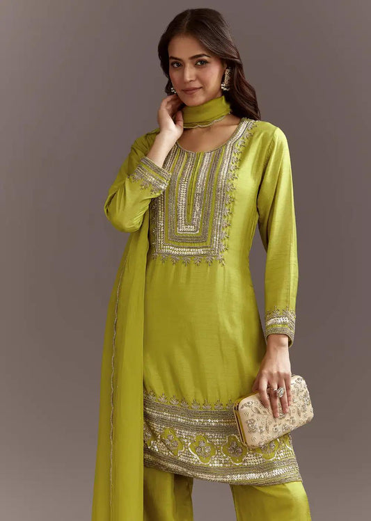 Green Beads And Sequins Work Kurta Ensemble With Organza Dupatta Outfit