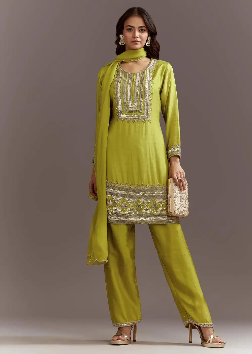 Green Beads And Sequins Work Kurta Ensemble With Organza Dupatta Outfit