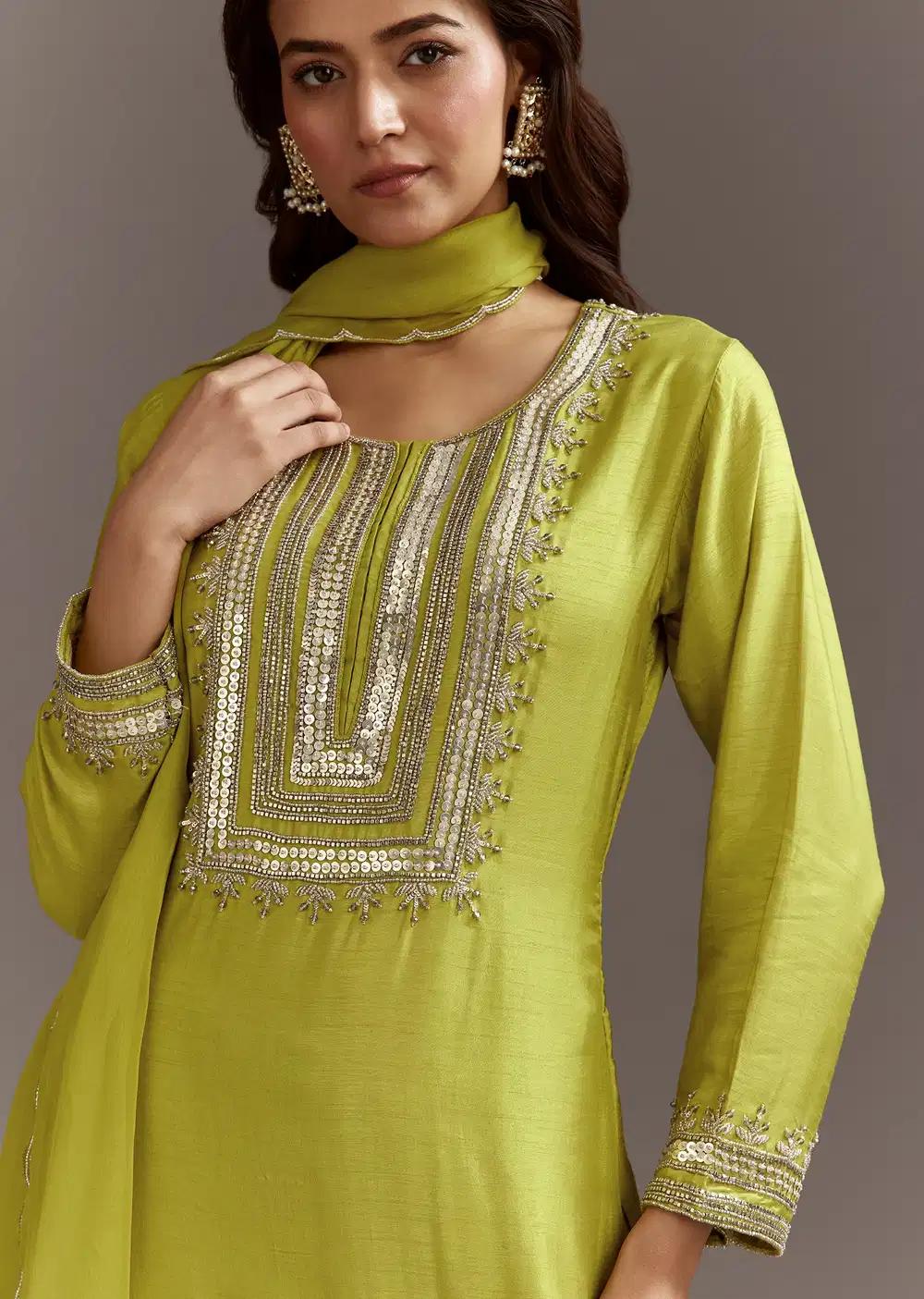 Green Beads And Sequins Work Kurta Ensemble With Organza Dupatta Outfit