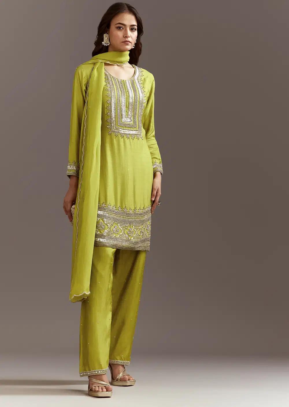 Green Beads And Sequins Work Kurta Ensemble With Organza Dupatta Outfit