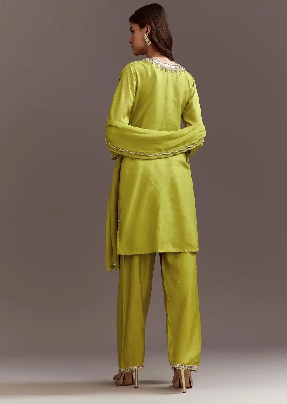 Green Beads And Sequins Work Kurta Ensemble With Organza Dupatta Outfit