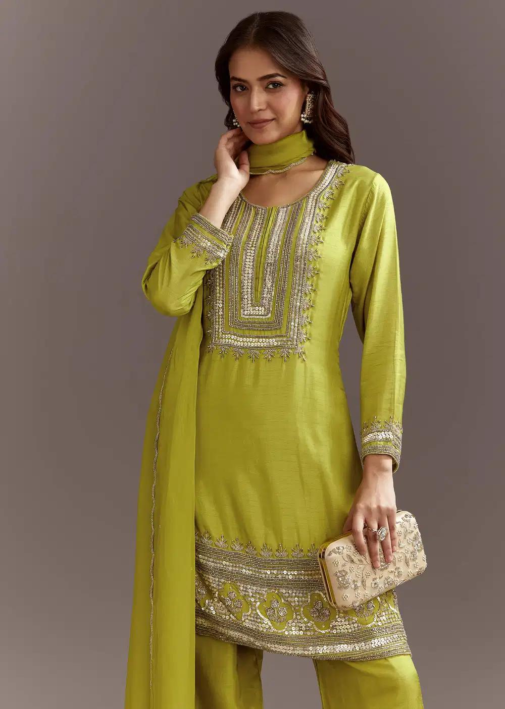 Green Beads And Sequins Work Kurta Ensemble With Organza Dupatta Outfit