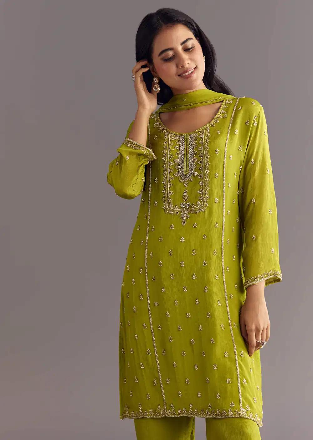 Green Chinon Kurta Ensemble With Cutdana Moti Work Dupatta Outfit