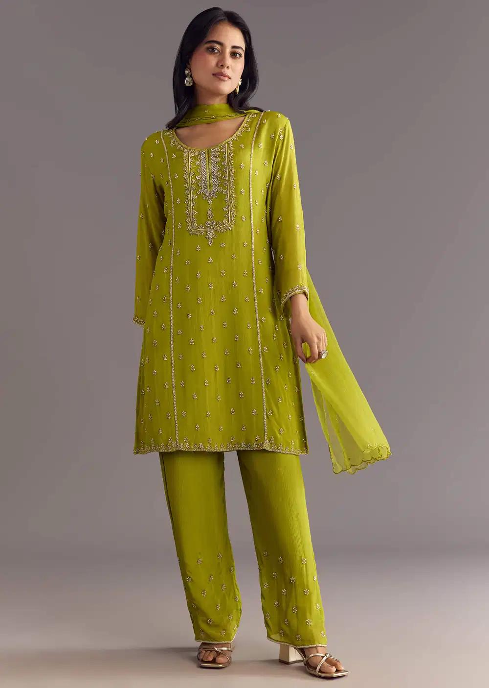 Green Chinon Kurta Ensemble With Cutdana Moti Work Dupatta Outfit