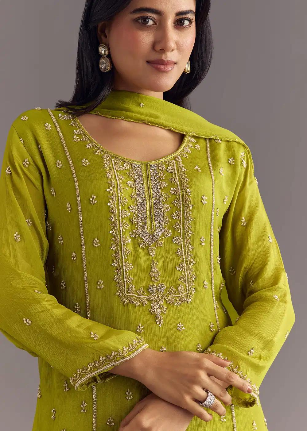Green Chinon Kurta Ensemble With Cutdana Moti Work Dupatta Outfit