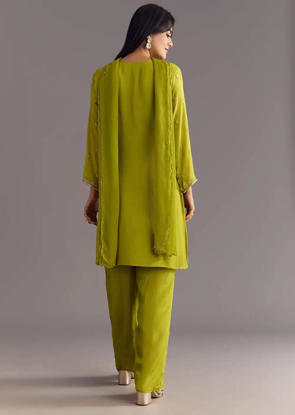 Green Chinon Kurta Ensemble With Cutdana Moti Work Dupatta Outfit