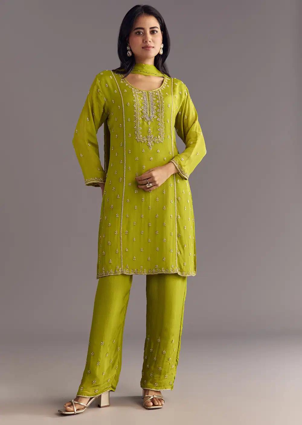 Green Chinon Kurta Ensemble With Cutdana Moti Work Dupatta Outfit