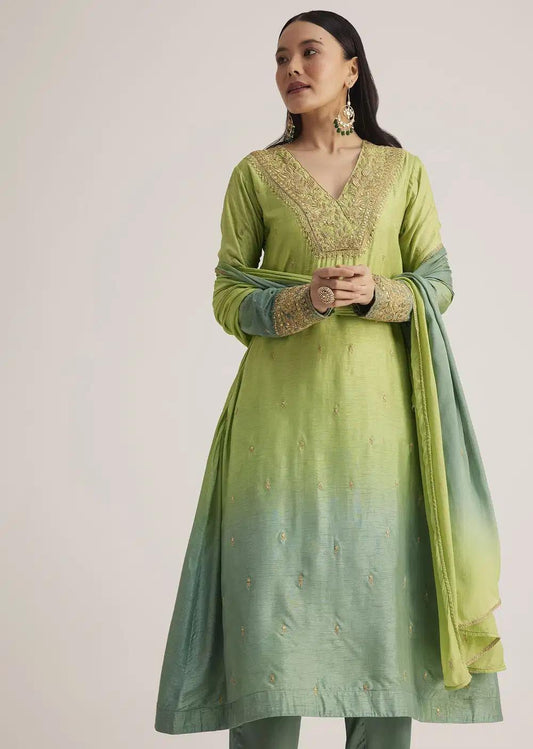 Green Ombre Embroidered Suit With Dupatta