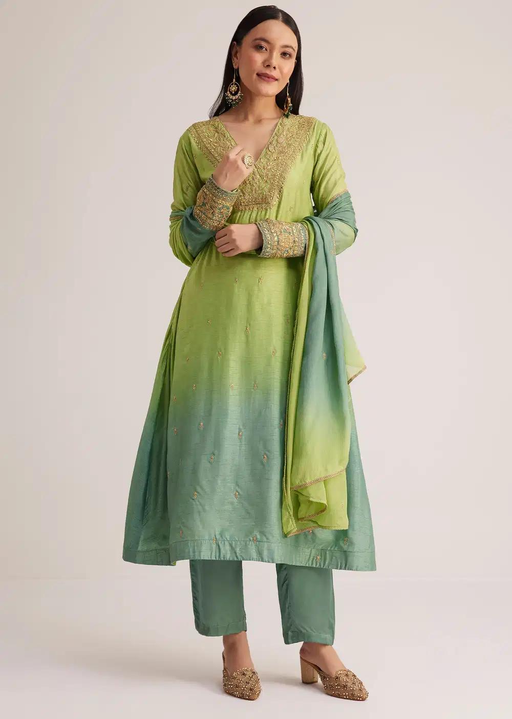 Green Ombre Embroidered Suit With Dupatta