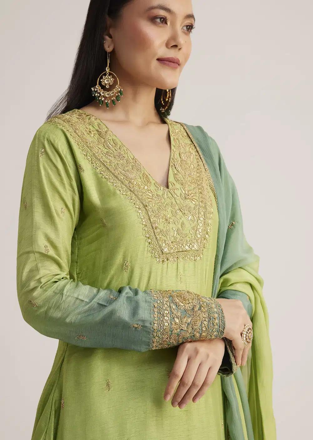Green Ombre Embroidered Suit With Dupatta