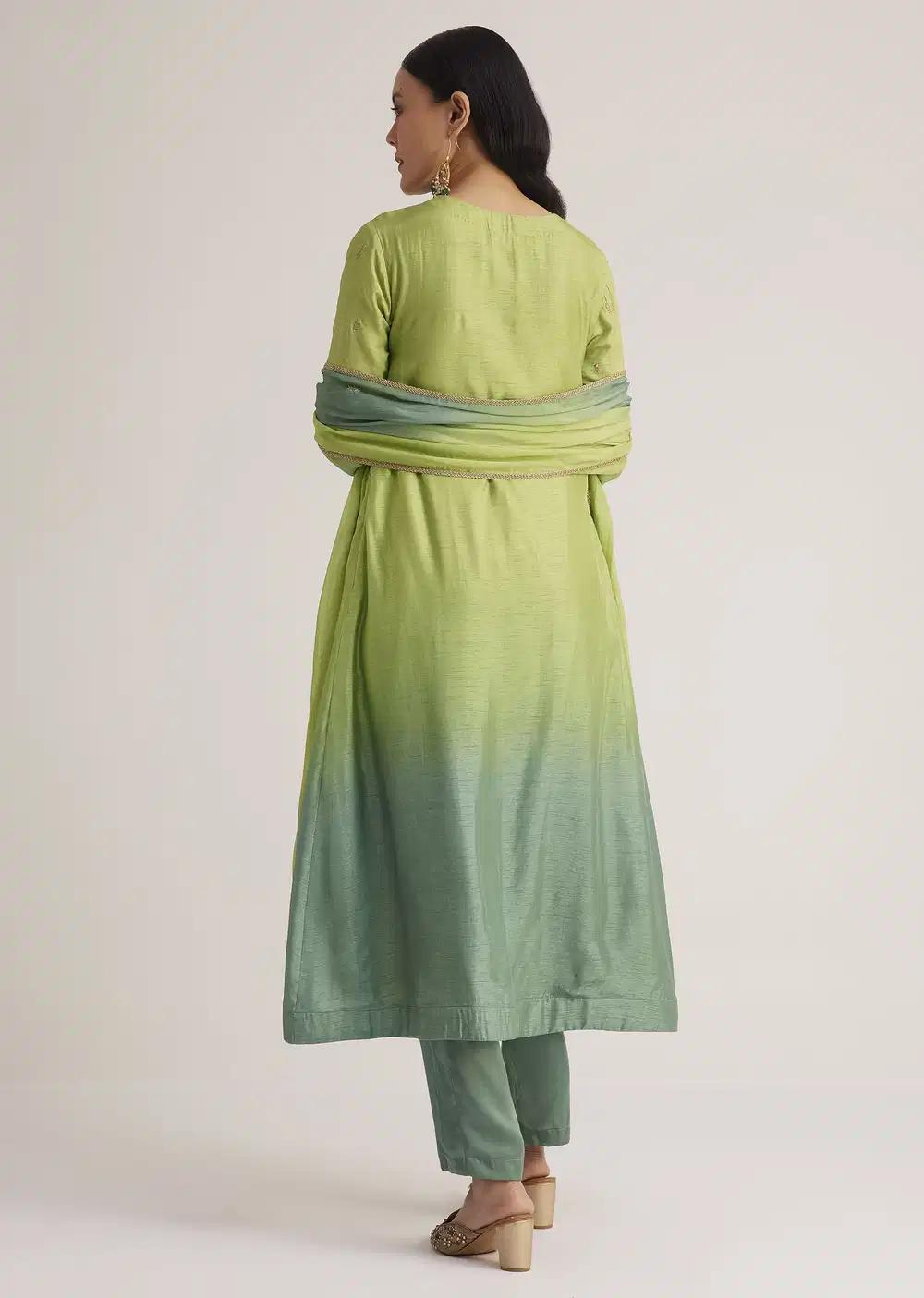 Green Ombre Embroidered Suit With Dupatta
