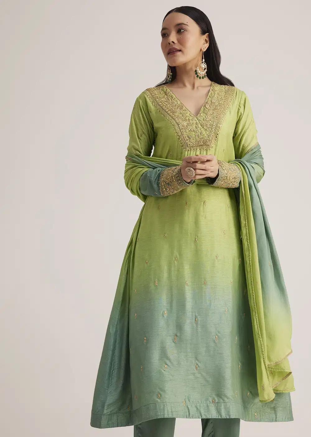 Green Ombre Embroidered Suit With Dupatta