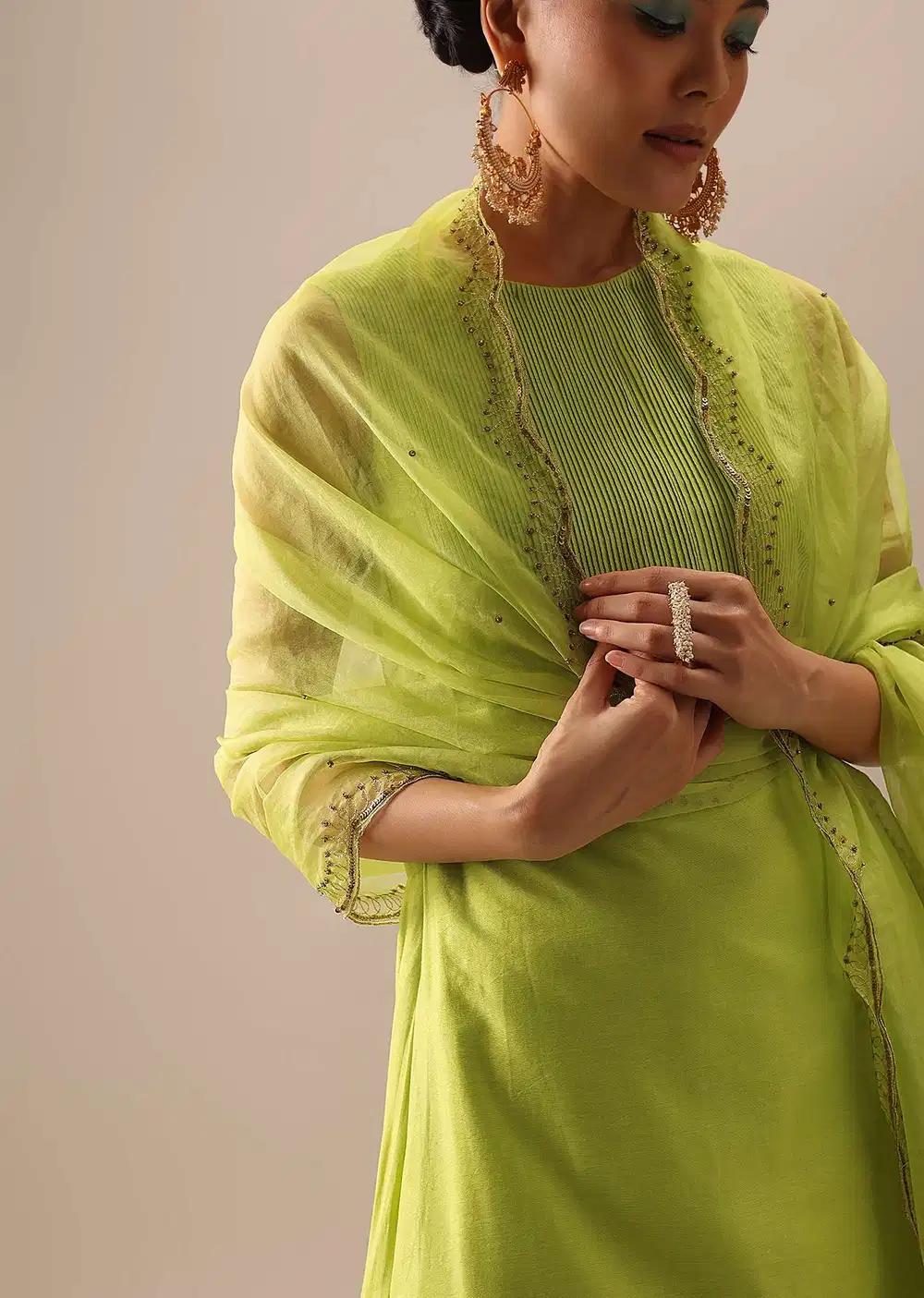 Green Pintuck Anarkali Ensemble With Organza Dupatta