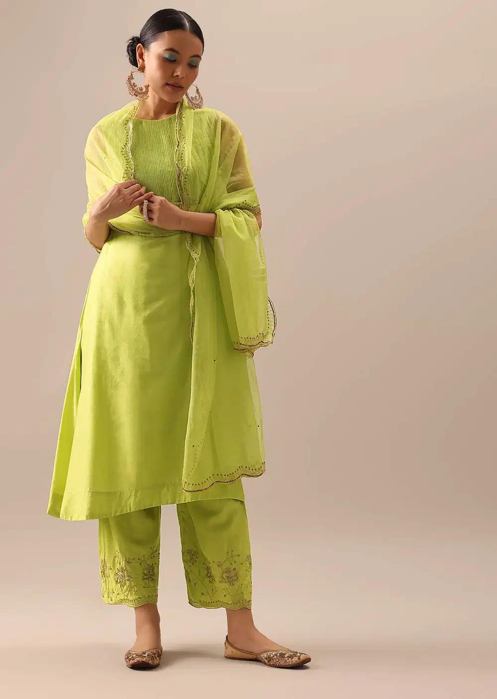 Green Pintuck Anarkali Ensemble With Organza Dupatta