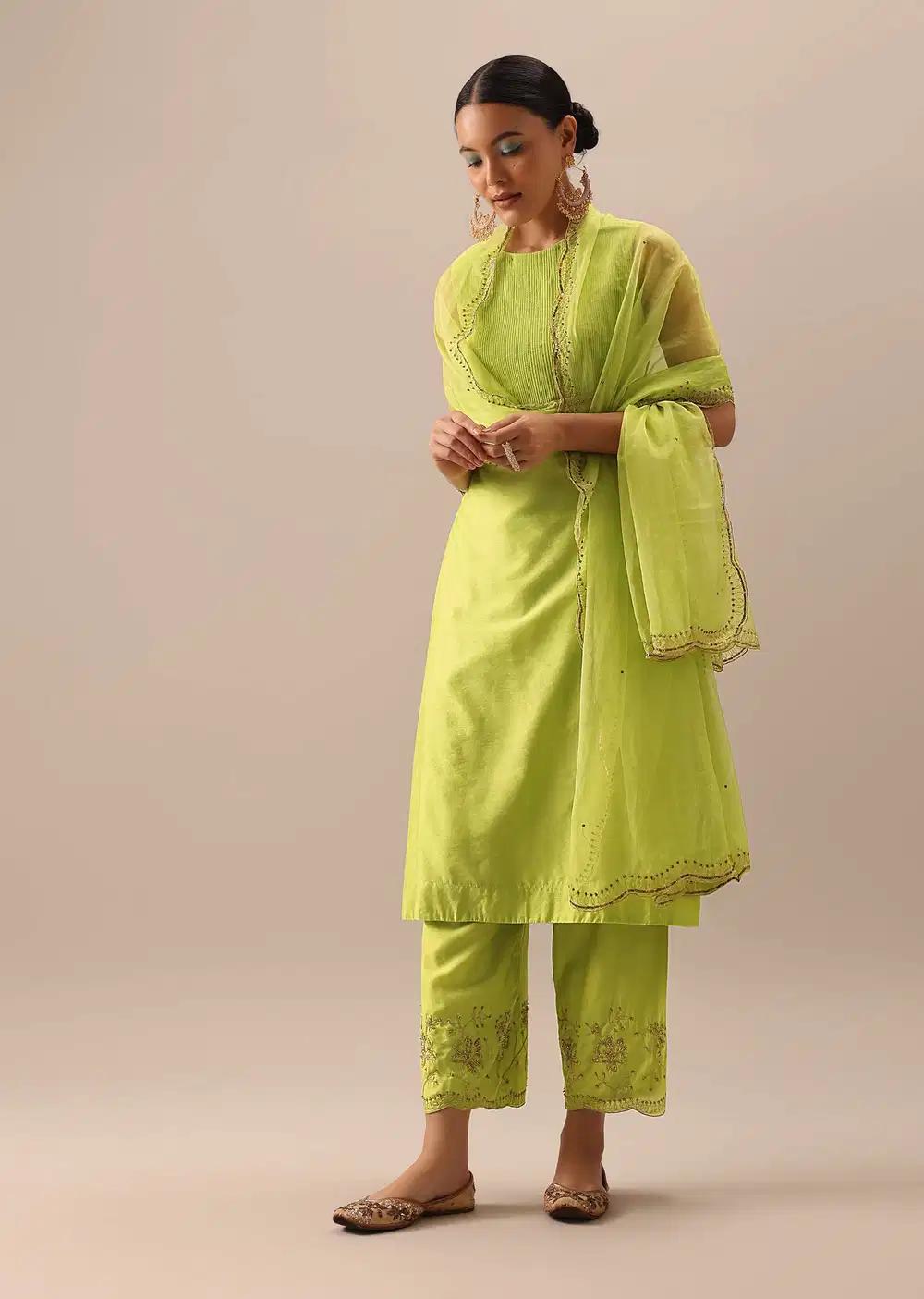 Green Pintuck Anarkali Ensemble With Organza Dupatta