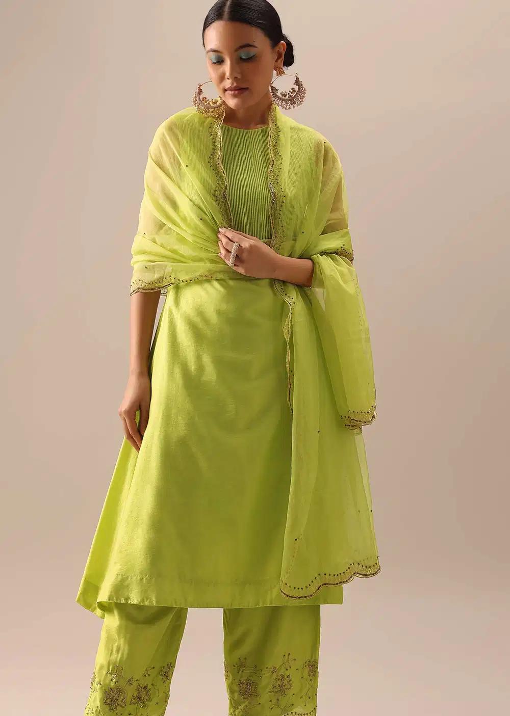 Green Pintuck Anarkali Ensemble With Organza Dupatta