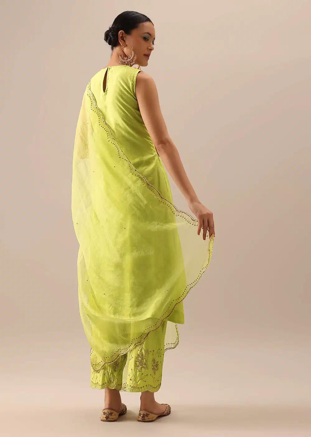 Green Pintuck Anarkali Ensemble With Organza Dupatta