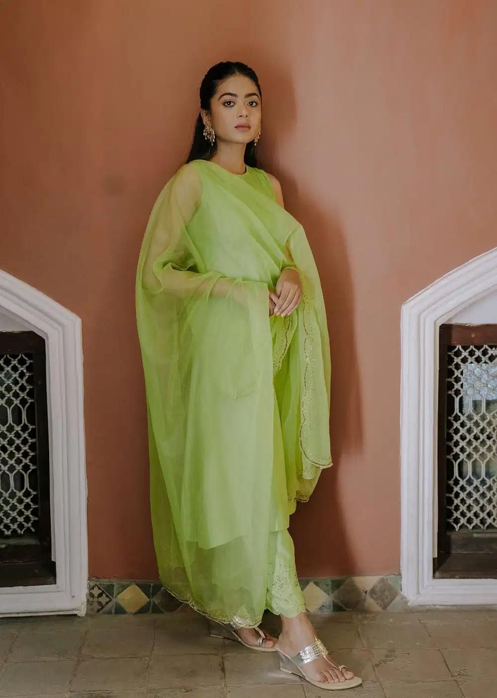 Green Pintuck Anarkali Ensemble With Organza Dupatta
