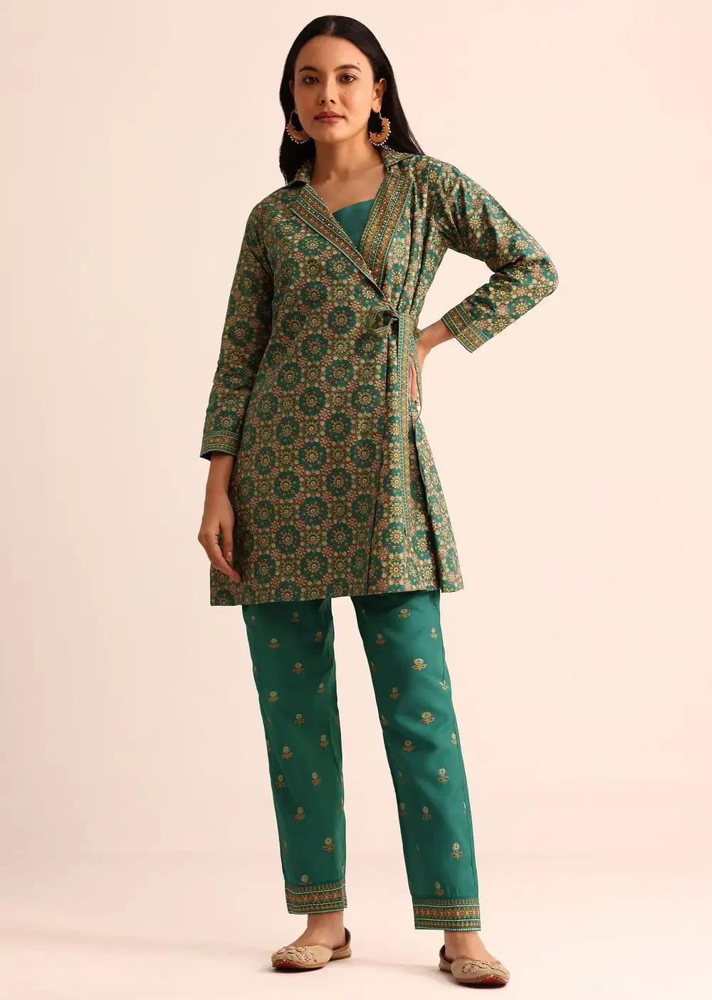 Green Printed Silk Kurta And Pant Outfit