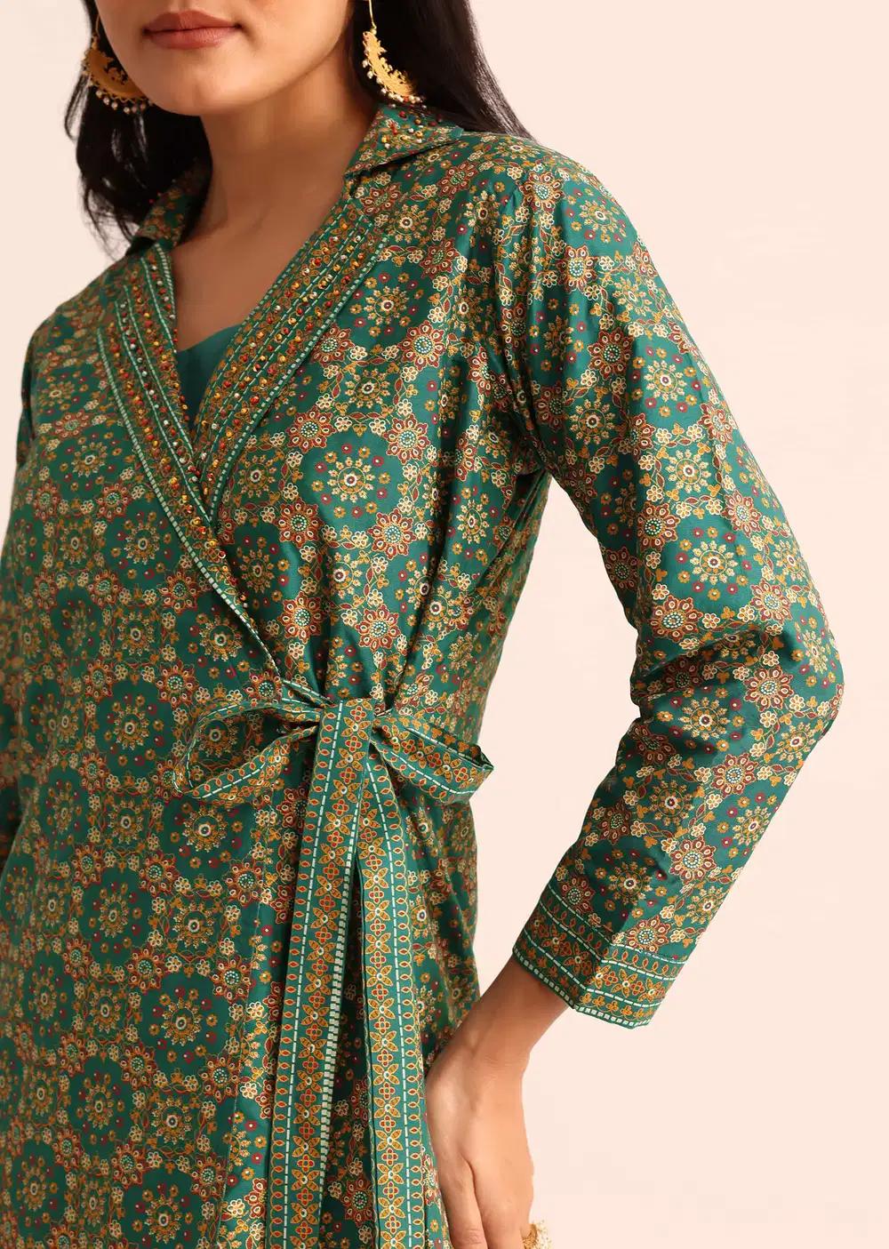 Green Printed Silk Kurta And Pant Outfit